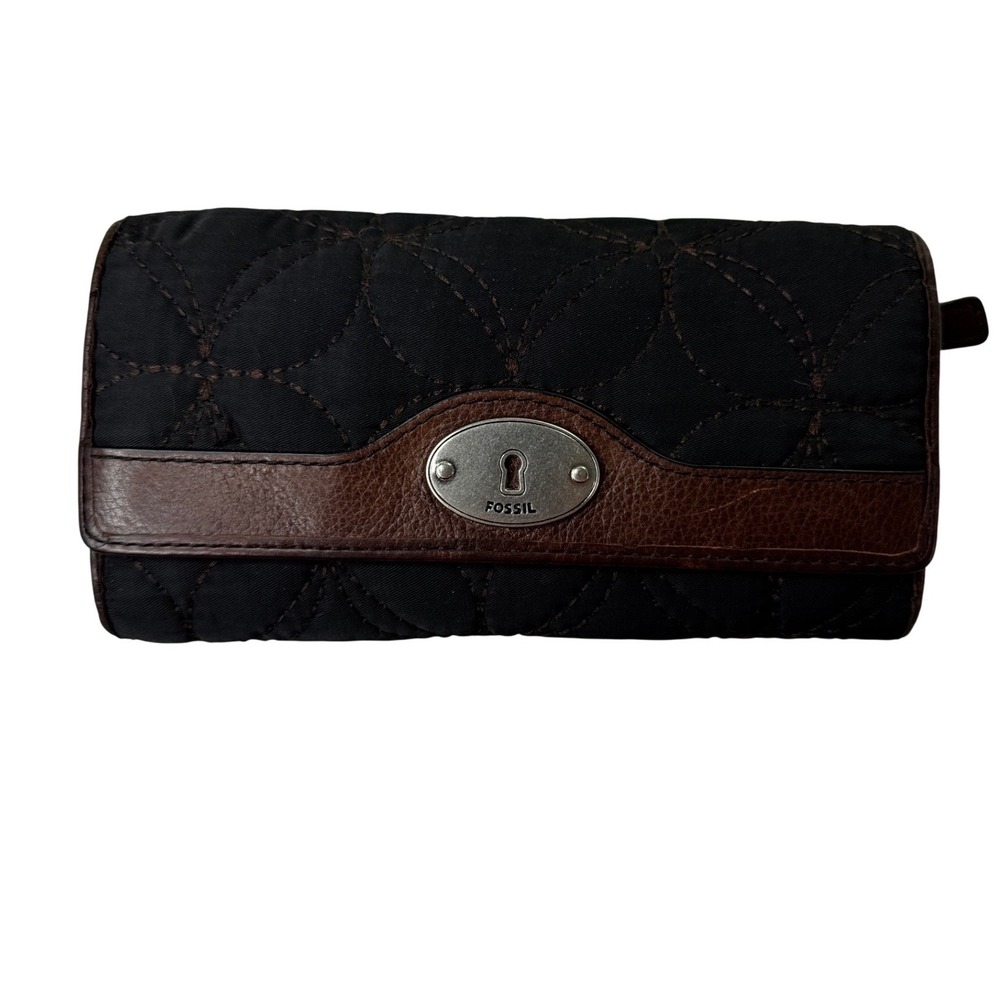 Fossil Key-Per Trifold Wallet Black Quilted Nylon Brown Leather Trim Orange Line
